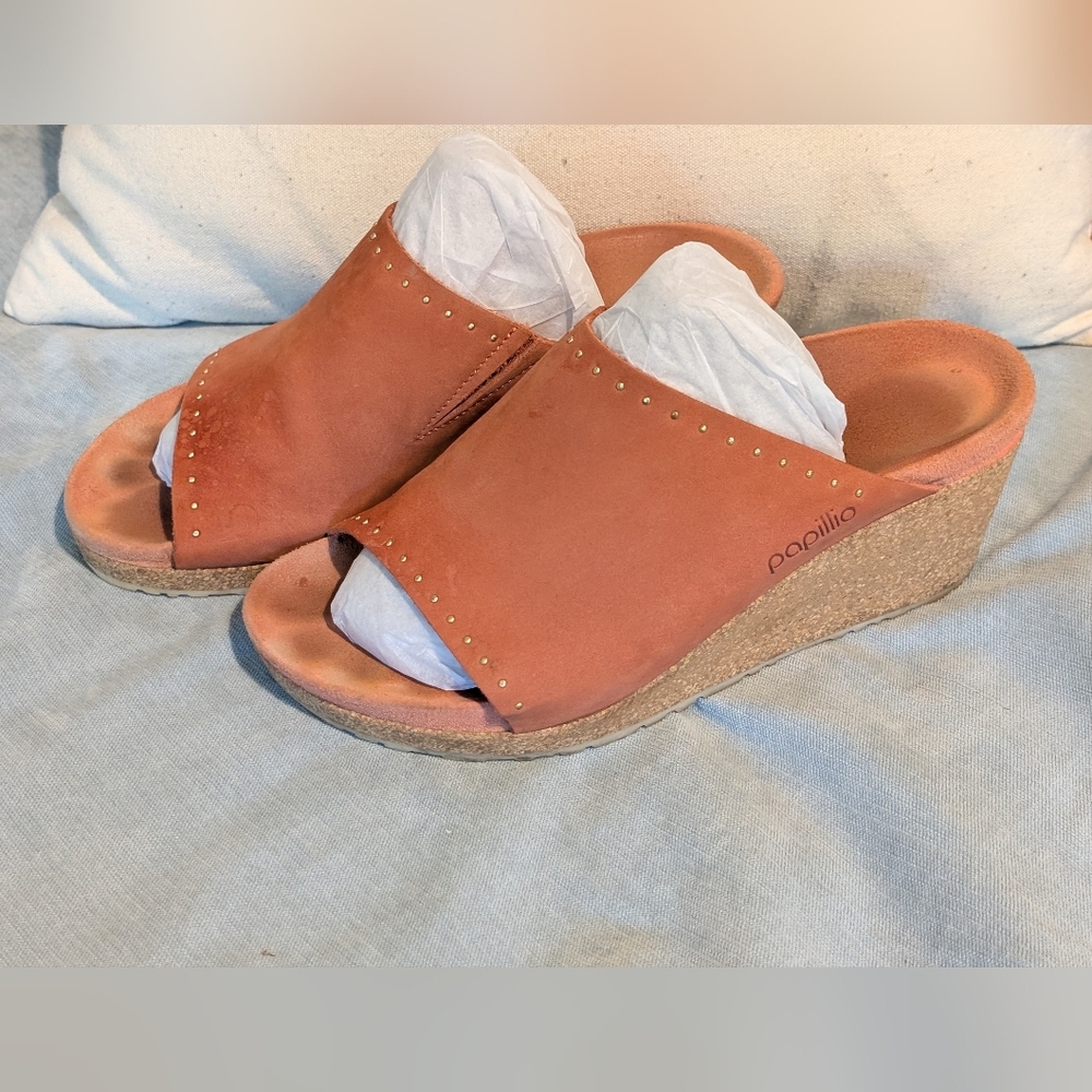 Papillio Women's Tan Wedge Mules with Stud Details
